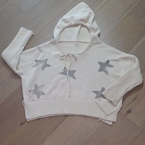 EUC POL Sweater Hoodie Women's sz S Cream/Grey Star Distressed Oversized Sweater